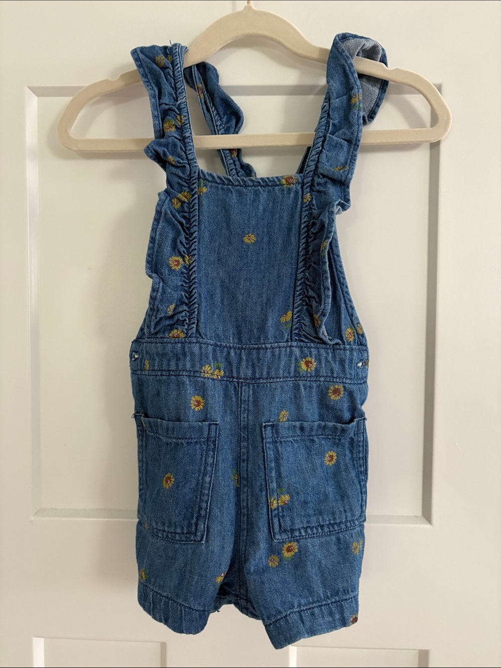 Old Navy Toddler Denim Floral Embroidered Shortalls - Blue Sunflower 2T